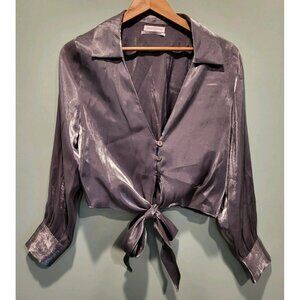 Silver Gray Metallic Long Sleeve Button Up Tie Waist Crop Top Party Sz M